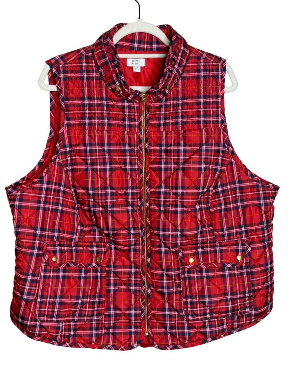 Crown & Ivy 3X Red Plaid Quilted Vest Preppy